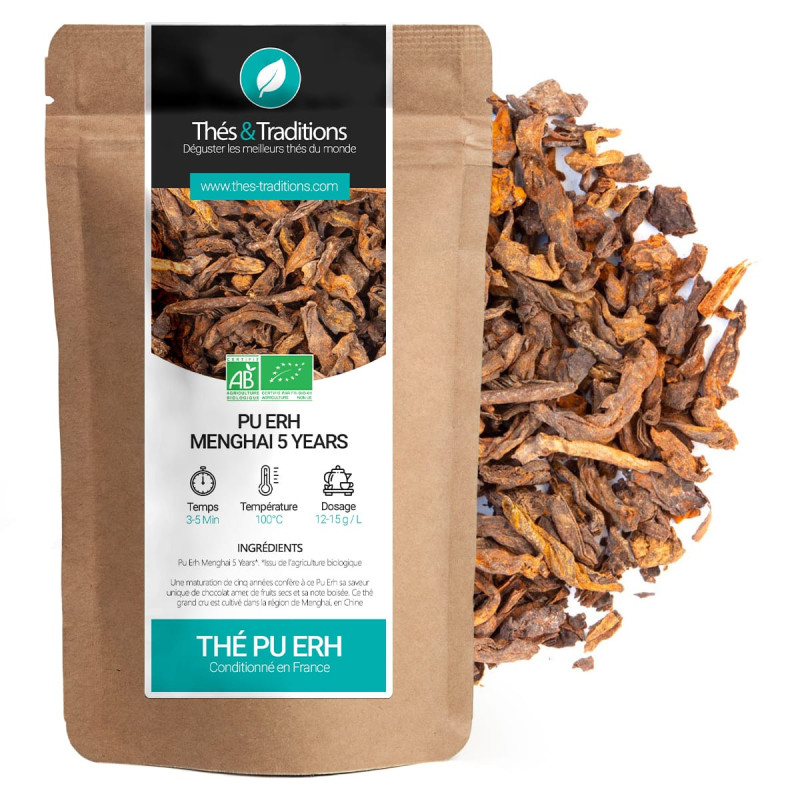 Tè Pu Erh Menghai 5 anni sfuso sacchetto kraft bio con etichetta verde e nera