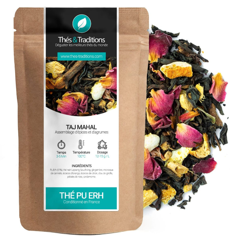Pu Erh Taj Mahal thee mengsel van kruiden citrus rozenblaadjes sinaasappelschillen
