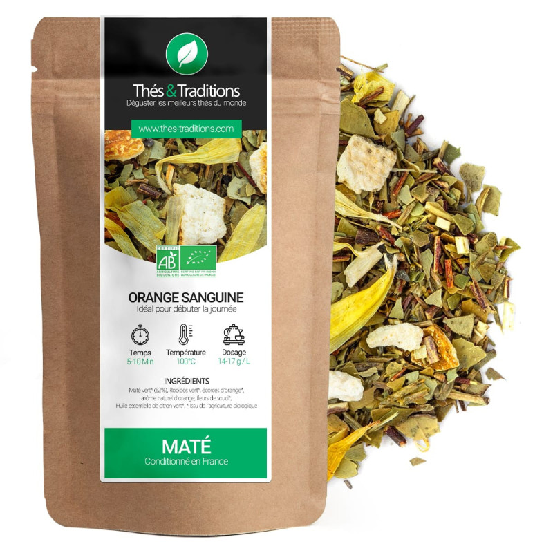 Miscela di mate biologico arancia rossa con pezzi di scorza e foglie essiccate confezionato in sacchetto kraft