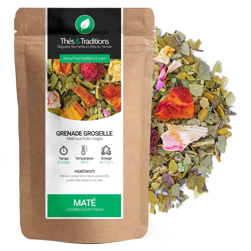 mate melograno ribes rosso ai frutti rossi sacchetto kraft e foglie di mate sfuse