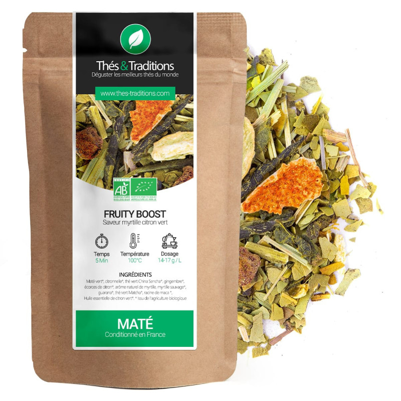 maté fruity boost saveur myrtille citron vert sachet kraft et feuilles de maté bio
