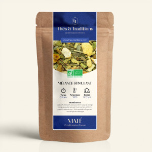 Wiederverschließbarer Kraftpapierbeutel mit Mate Stimulant, Etikett in Marineblau und Gold von Thés & Traditions, Sichtfenster z