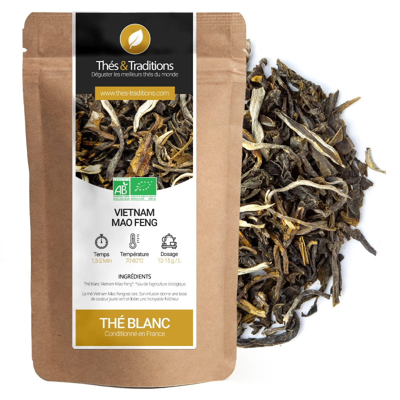 Thé blanc Vietnam Mao Feng en sachet kraft avec feuilles de thé séchées bio visibles