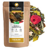 Witte thee rode bes framboos roos in kraft zakje met zichtbare theebladeren en gedroogd fruit