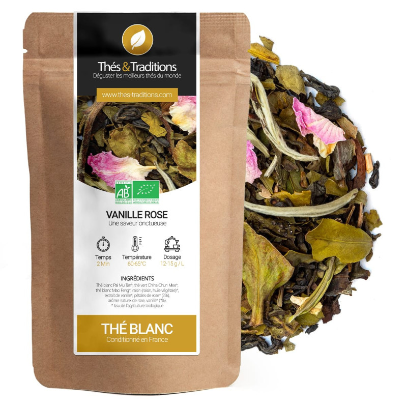 White tea vanilla rose in kraft bag with tea leaves and organic rose petals