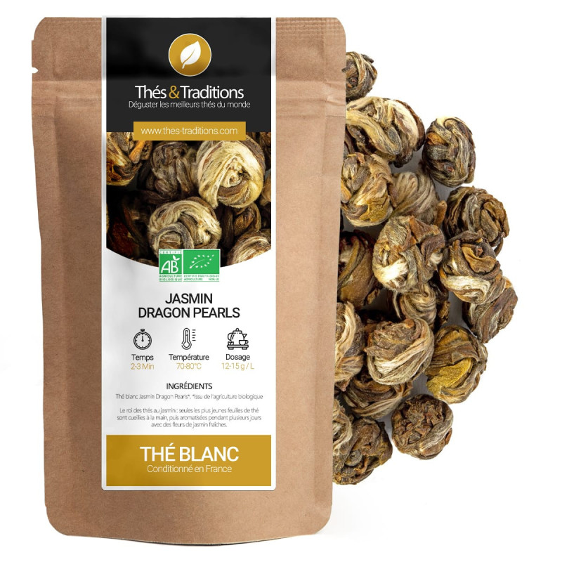 Tè bianco Jasmin Dragon Pearls in perle arrotolate sacchetto kraft bio Thés & Traditions