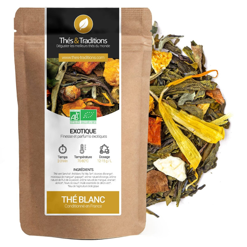 Tè bianco esotico bio in sacchetto kraft con pezzi di frutta e fiori secchi