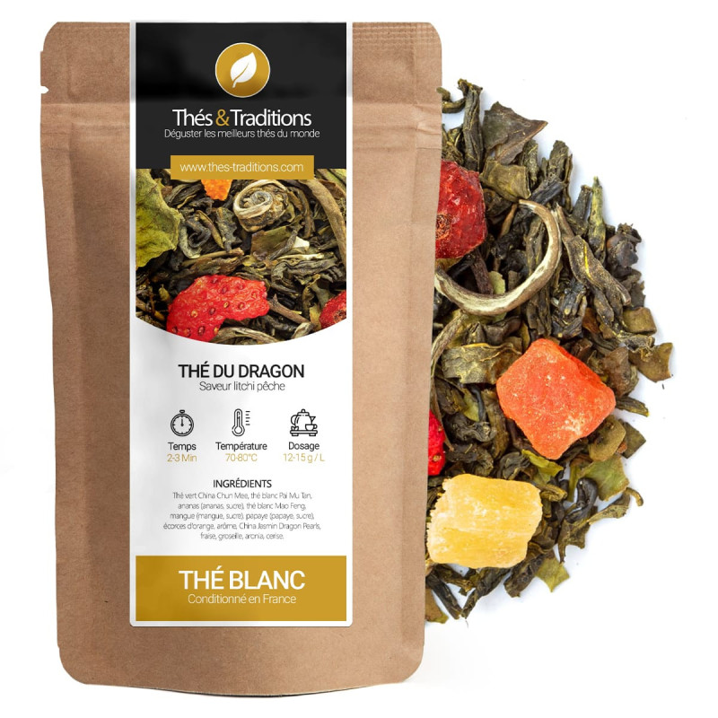 White Dragon Tea Thés & Traditions kraft bag with colorful dried fruit pieces