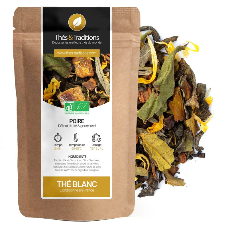 thé blanc poire bio sachet kraft et feuilles de thé aux morceaux de poire et fleurs jaunes