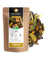 organic white pear tea kraft bag and tea leaves with pear pieces and yellow flowers