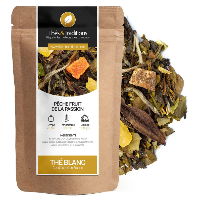 White tea peach passion in kraft bag with leaves and dried fruit pieces