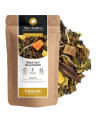 White tea peach passion in kraft bag with leaves and dried fruit pieces