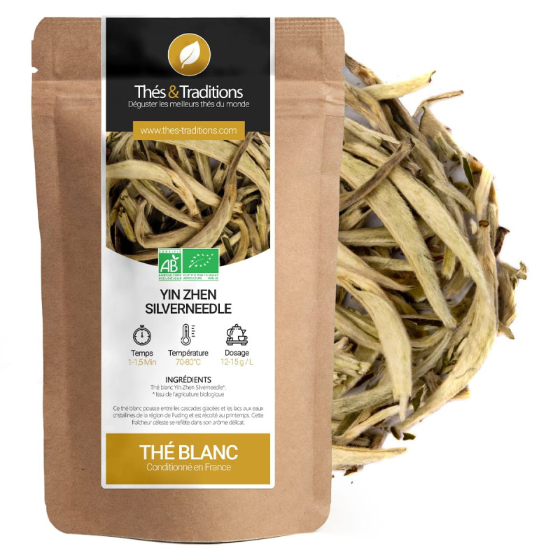 Tè bianco Yin Zhen Silverneedle sacchetto kraft bio con foglie lunghe e lanugginose
