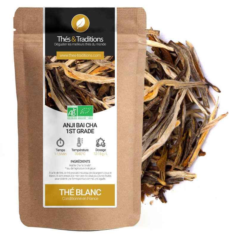 Witte thee Anji Bai Cha 1st Grade lange gedroogde bladeren verpakt in biologisch kraft zakje