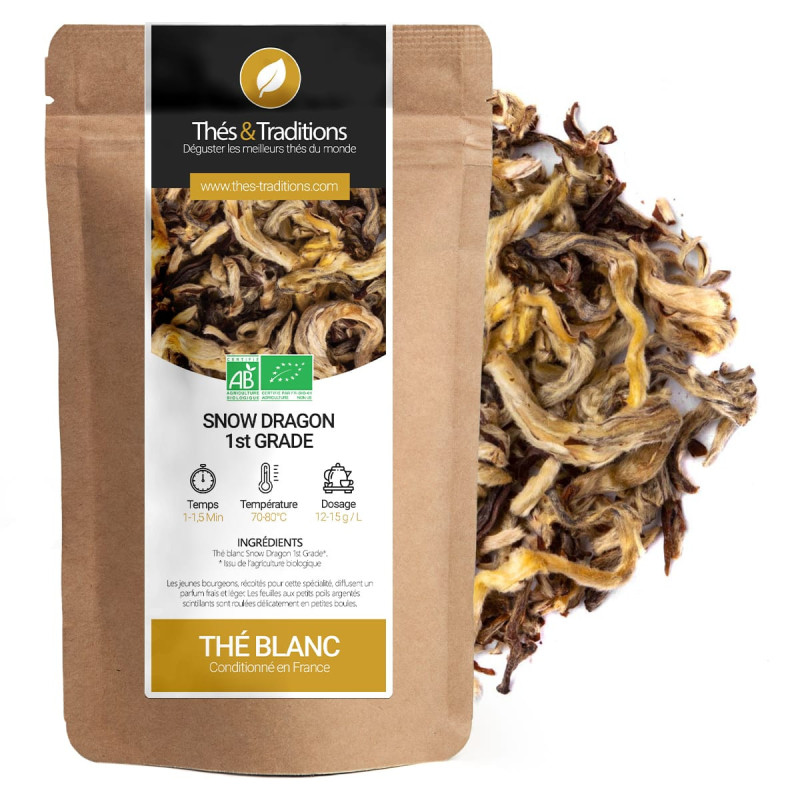 Thé blanc Snow Dragon 1st Grade feuilles bio séchées en sachet kraft conditionné en France