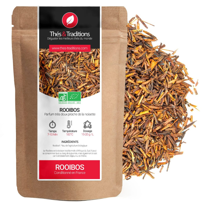 Emballage de rooibos nature Thés & Traditions avec infusion de feuilles rouges et brunes bio