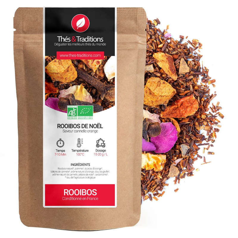 Christmas Rooibos cinnamon orange flavor organic kraft bag with spice pieces and dried flowers