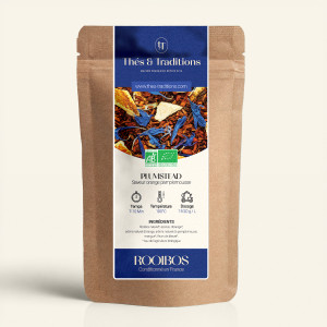 Wiederverschließbarer Kraftpapierbeutel mit Rooibos Plumstead, dunkelblau-goldenes Etikett von Thés & Traditions, Sichtfenster z