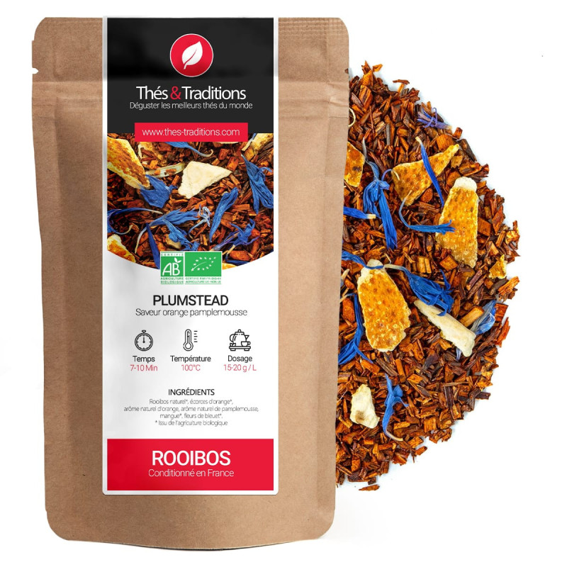 organic rooibos bag orange grapefruit flavor with peel pieces and blue flowers