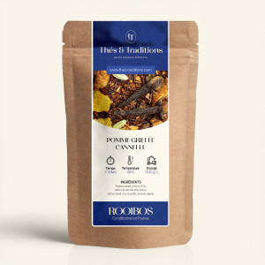 Wiederverschließbarer Kraftpapierbeutel mit Rooibos Apfel Geröstet Zimt, Etikett in Dunkelblau und Gold von Thés & Traditions, S