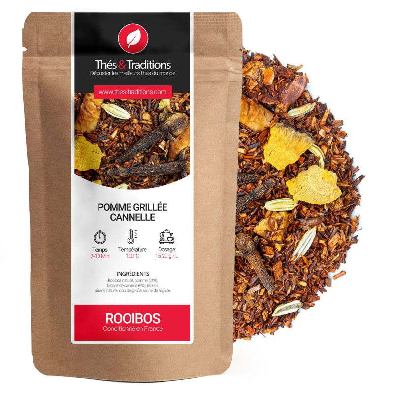 rooibos mela grigliata cannella in sacchetto kraft con miscela di rooibos e spezie visibili