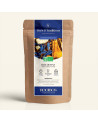 Wiederversorgelbare Kraftpapiertüte mit Rooibos Blue Downs, dunkelblau-goldenes Etikett von Thés & Traditions, Fenster zeigt die
