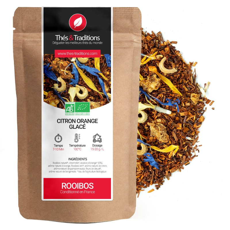 Rooibos limone arancia ghiacciato in sacchetto kraft con infuso di fiori e pezzi di agrumi bio
