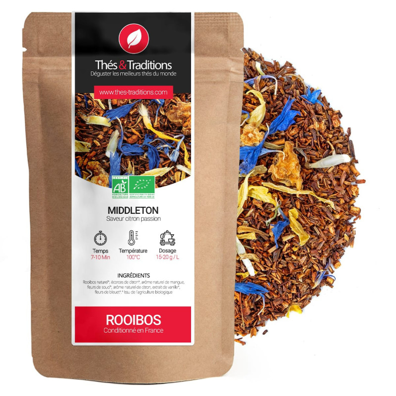 Rooibos Middleton smaak citroen passievrucht kraft zakje met mengsel van rooibos bloemen en stukjes biologisch fruit