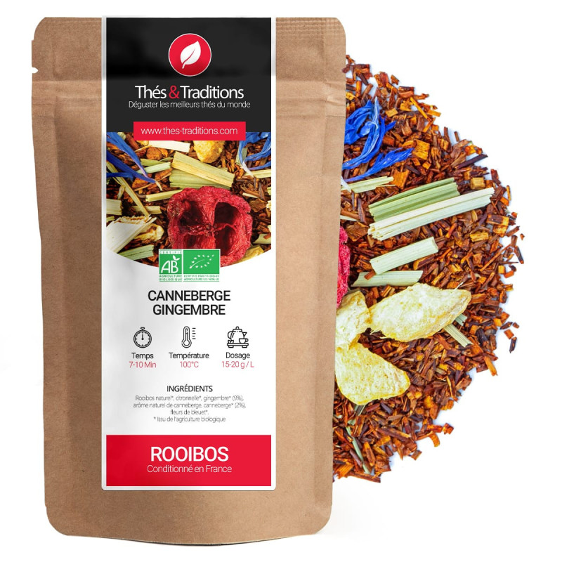 Rooibos mirtillo rosso zenzero bio in sacchetto kraft con infusione ai fiori e spezie naturali