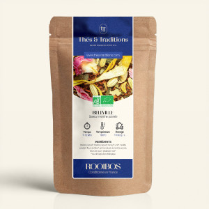Nachfüllbarer Kraftbeutel mit Rooibos Bellville, marineblaues und goldenes Etikett von Thés & Traditions, Sichtfenster zeigt die