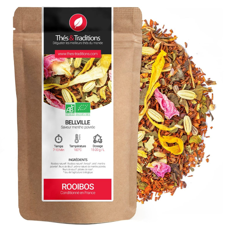 sachet de rooibos Bellville saveur menthe poivrée avec mélange de plantes et fleurs séchées