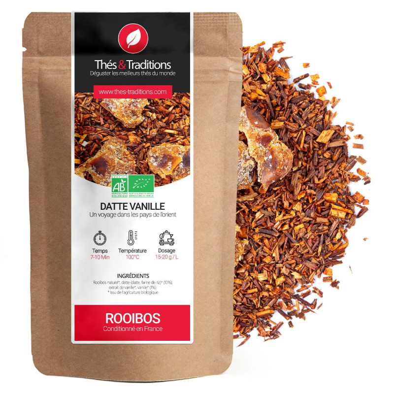 Rooibos datte vanille bio sachet kraft avec infusion de rooibos et morceaux de datte vanille