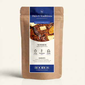 Wiederverschließbarer Kraftpapierbeutel mit Rooibos Mowbray, dunkelblauem und goldenem Etikett von Thés & Traditions, Sichtfenst