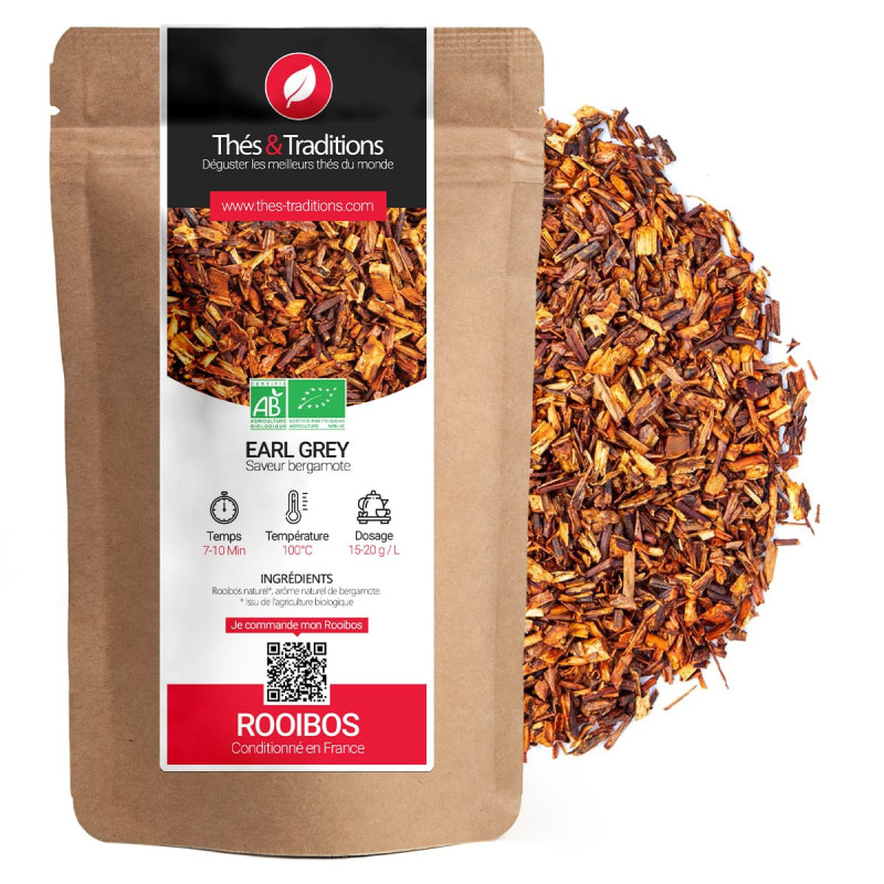 Rooibos Earl Grey smaak bergamot kraft zakje en losse biologische rooibos bladeren