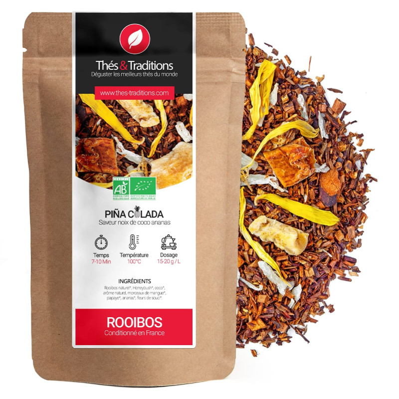 Rooibos Piña Colada smaak kokos ananas kraft zakje en infusie met stukjes geel fruit