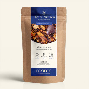 Wiederverschließbarer Kraftpapierbeutel mit Rooibos Kanadischer Traum, dunkelblau-goldenes Etikett von Thés & Traditions, Sichtf