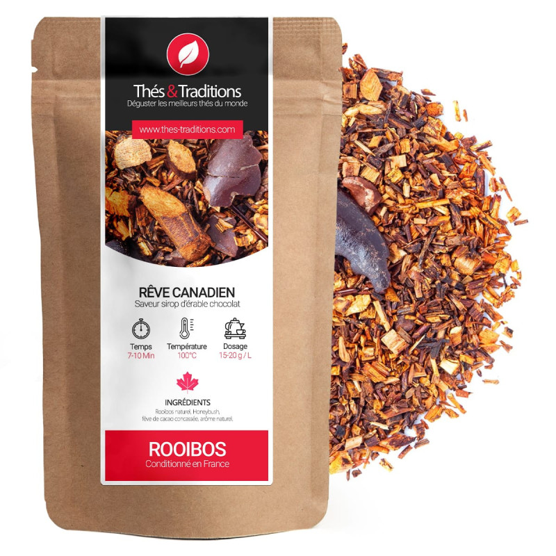 Rooibos Canadese Droom Thés et Traditions smaak esdoornstroop chocolade kraft zakje en losse infusie