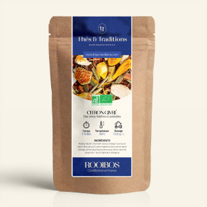 Wiederverschließbarer Kraftbeutel mit Rooibos Zitrone Eiskristall, Thés & Traditions Etikett in Marineblau und Gold, Fenster zei