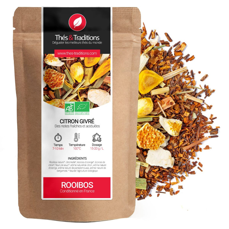 Rooibos limone ghiacciato bio sfuso con pezzi di scorza d'arancia e limone confezione kraft