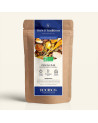 Wiederverschließbarer Kraftbeutel mit Rooibos Zitrone Eiskristall, Thés & Traditions Etikett in Marineblau und Gold, Fenster zei