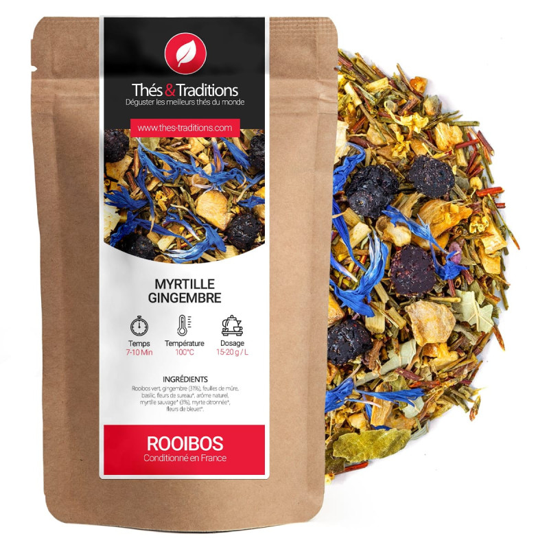 Mélange de rooibos myrtille gingembre fleurs bleues et morceaux de fruits dans sachet kraft