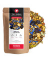 Mélange de rooibos myrtille gingembre fleurs bleues et morceaux de fruits dans sachet kraft