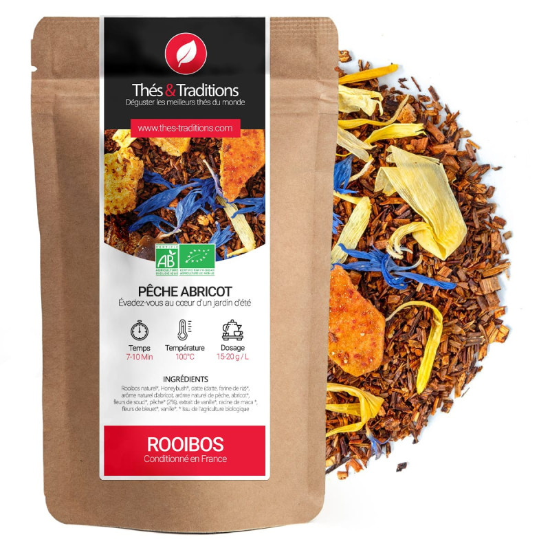 Rooibos pêche abricot bio en sachet kraft avec fleurs et morceaux de fruits secs