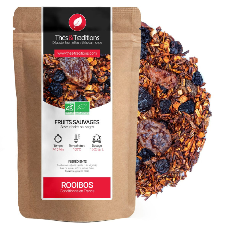 Rooibos fruits sauvages bio sachet kraft avec mélange de rooibos baies et fruits secs