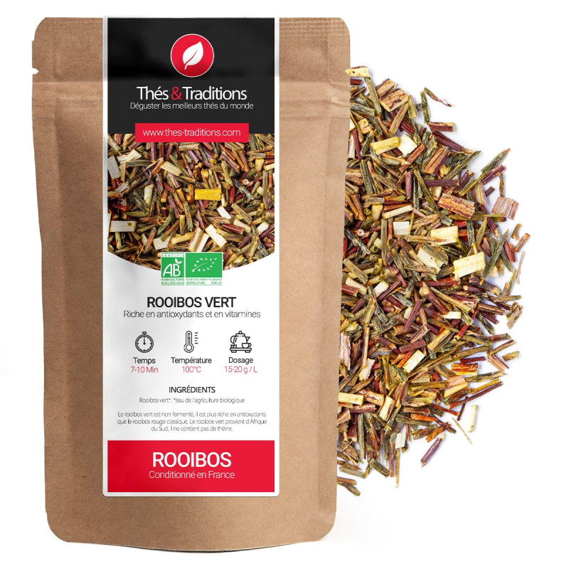 sacchetto di rooibos verde bio sfuso ai pezzi di foglie e steli colorati