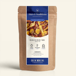 Wiederverschließbarer Kraftpapierbeutel mit Rooibos Honigtraum, dunkelblau-goldenes Etikett Thés & Traditions, Fenster mit Blick