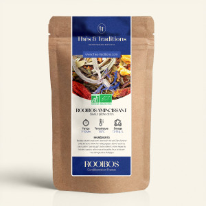 Wiederverschließbarer Kraftpapierbeutel mit Rooibos Schlankheitsmischung, dunkelblauem und goldenem Etikett von Thés & Tradition