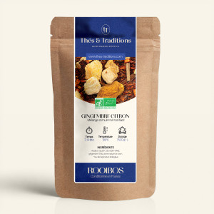 Wiederverschließbarer Kraftpapierbeutel mit Rooibos Ingwer Zitrone, dunkelblauem und goldenem Etikett von Thés & Traditions, Fen