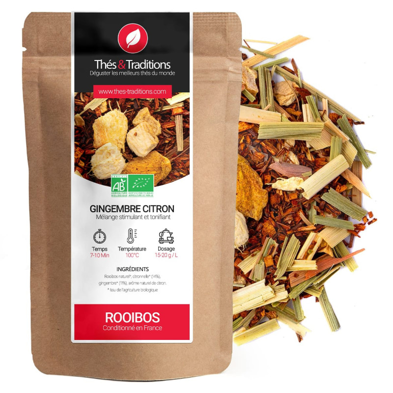Rooibos gingembre citron mélange bio stimulant et tonifiant sachet kraft et infusion sèche