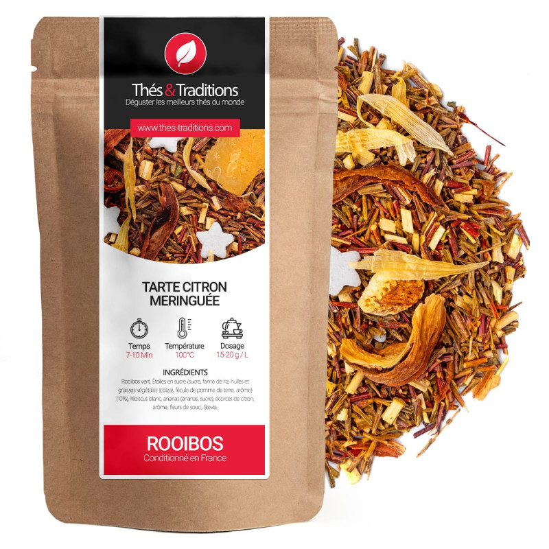 Infusione rooibos limone meringuée in sacchetto kraft con pezzi di scorza e fiori essiccati